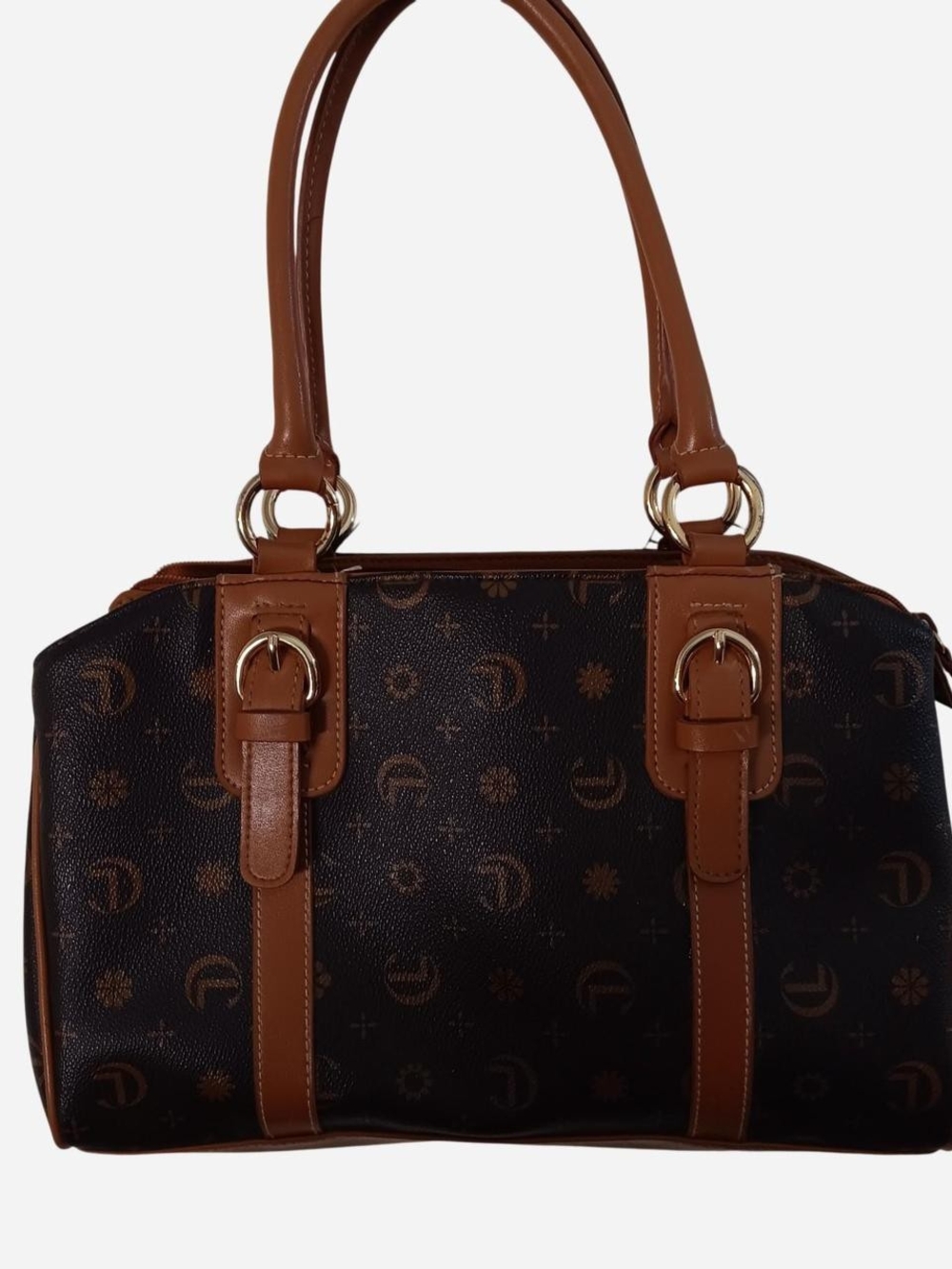 Dark Brown Patterned Shoulder Satchel with Tan Trim